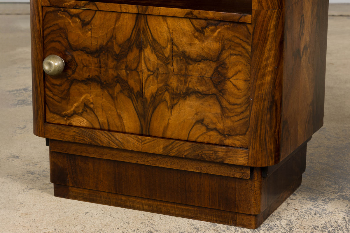 1920s French Art Deco Burl Walnut Nightstands or Side Tables W/ Marble  - A Pair