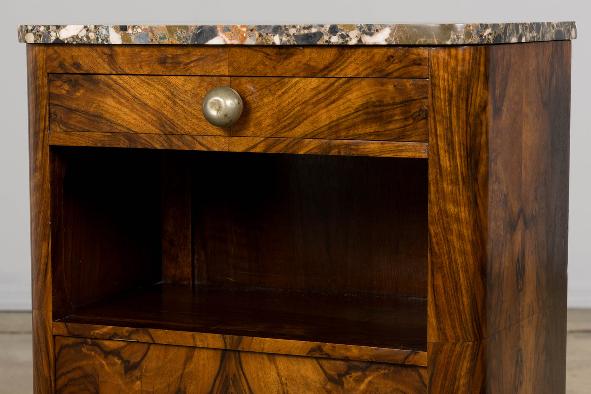 1920s French Art Deco Burl Walnut Nightstands or Side Tables W/ Marble  - A Pair