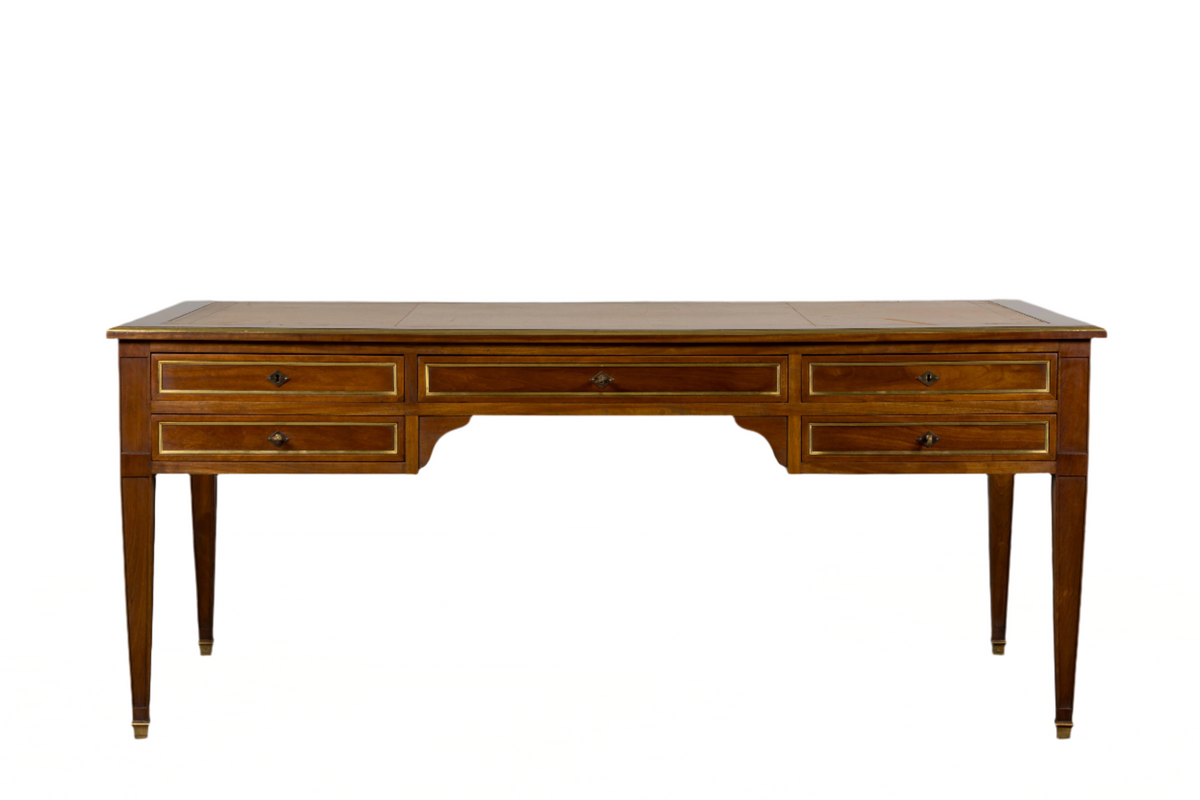 French Louis XVI Neoclassical Style Mahogany Writing Desk W/ Brown Leather Top
