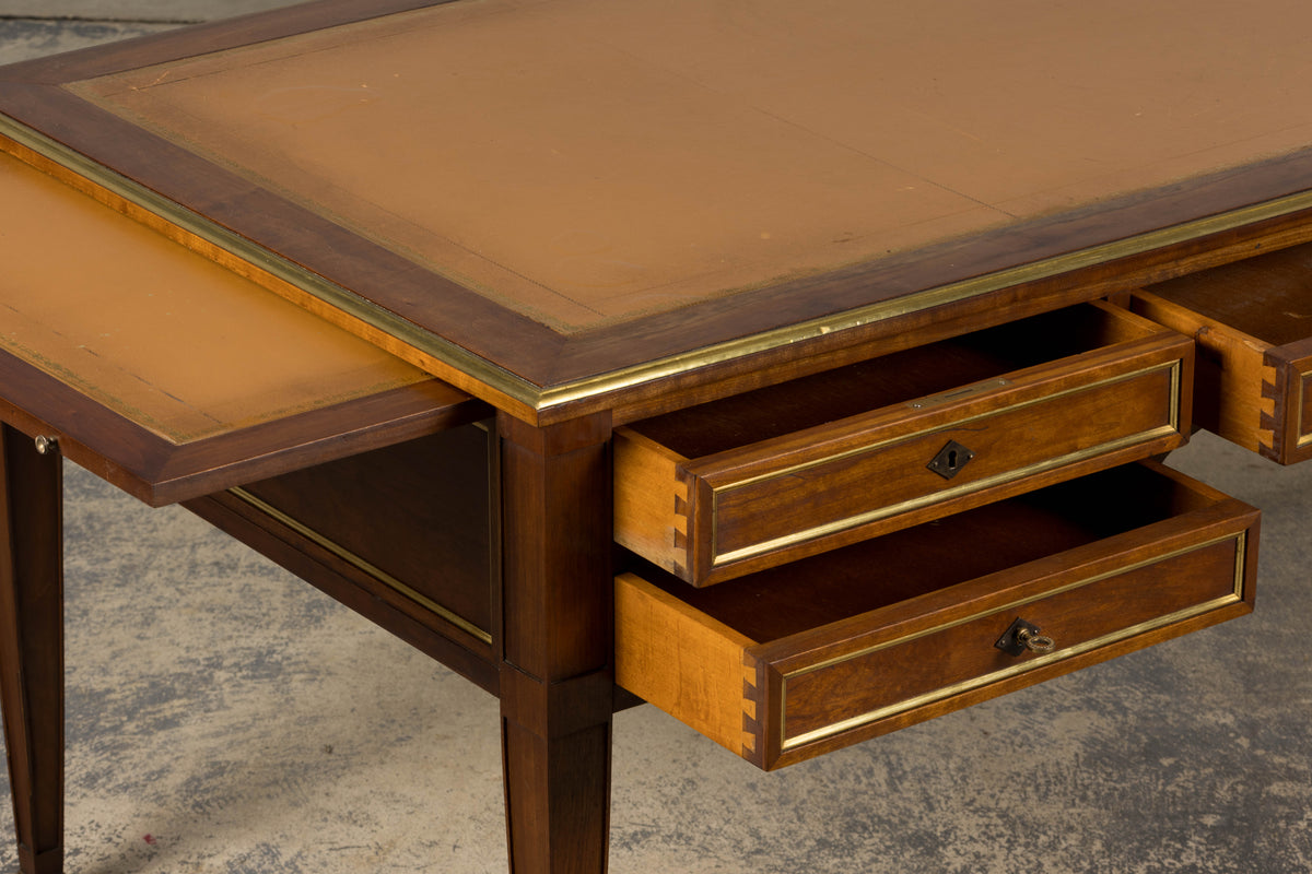 French Louis XVI Neoclassical Style Mahogany Writing Desk W/ Brown Leather Top