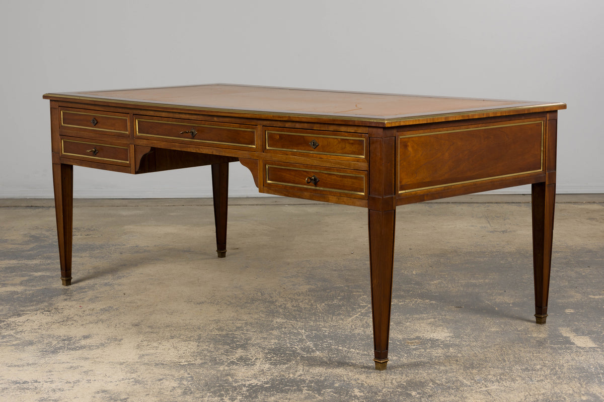 French Louis XVI Neoclassical Style Mahogany Writing Desk W/ Brown Leather Top