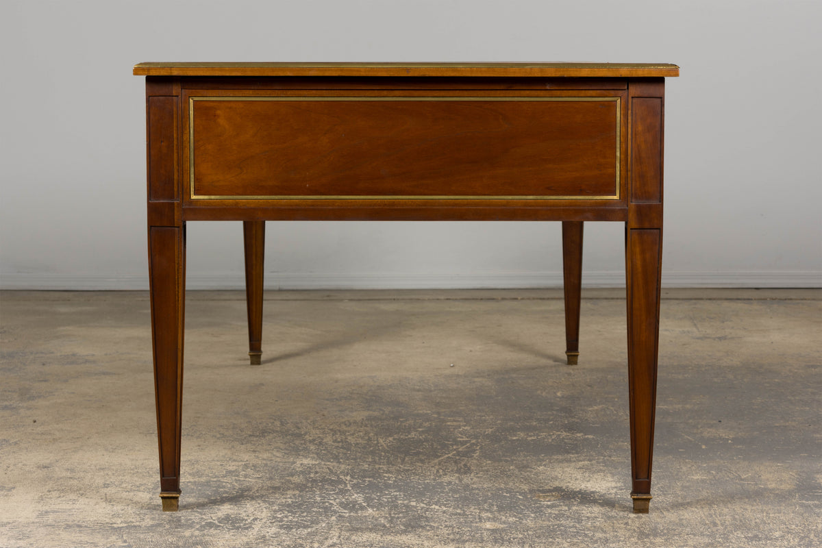 French Louis XVI Neoclassical Style Mahogany Writing Desk W/ Brown Leather Top