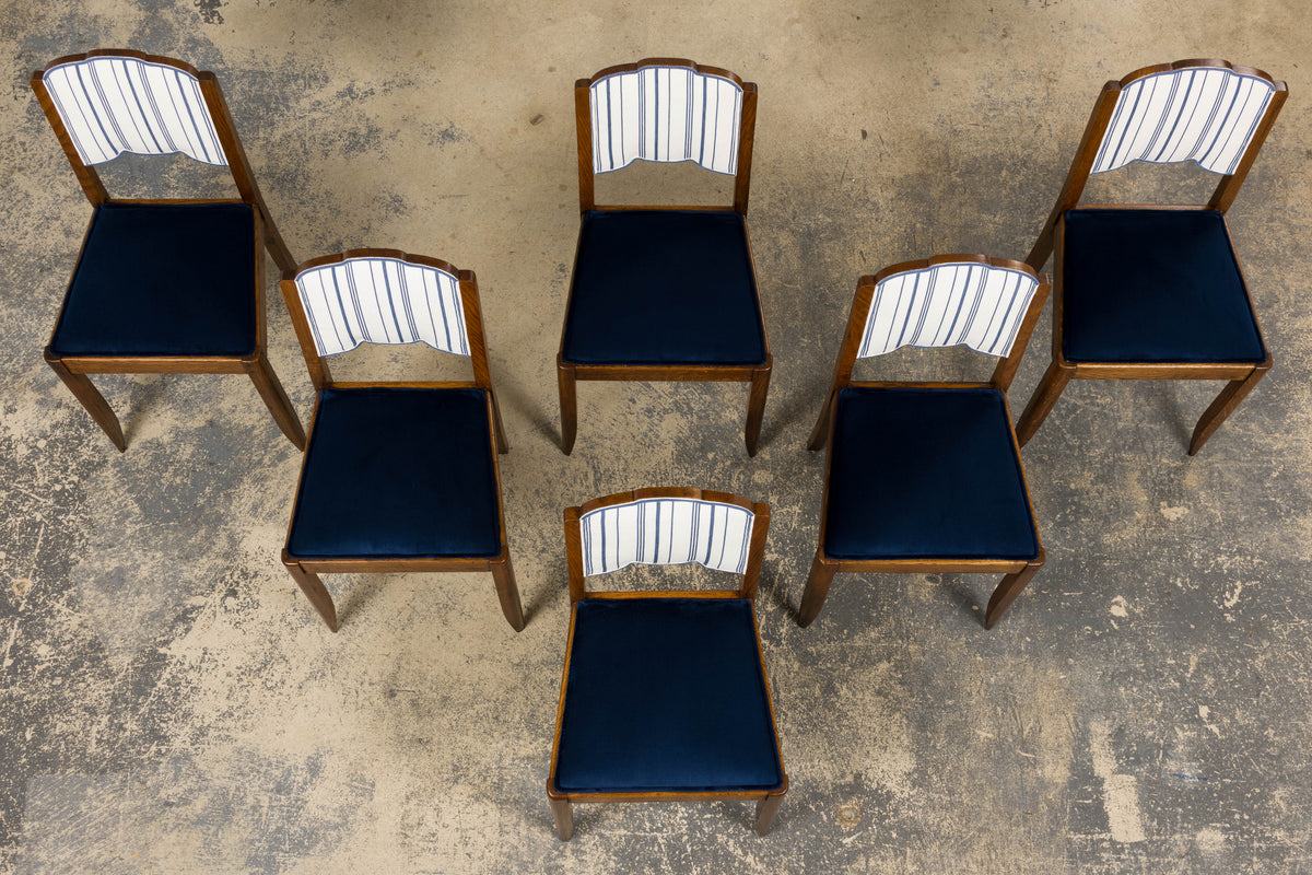 1950s French Art Deco Scalloped Back Oak Dining Chairs in Blue- Set of 6