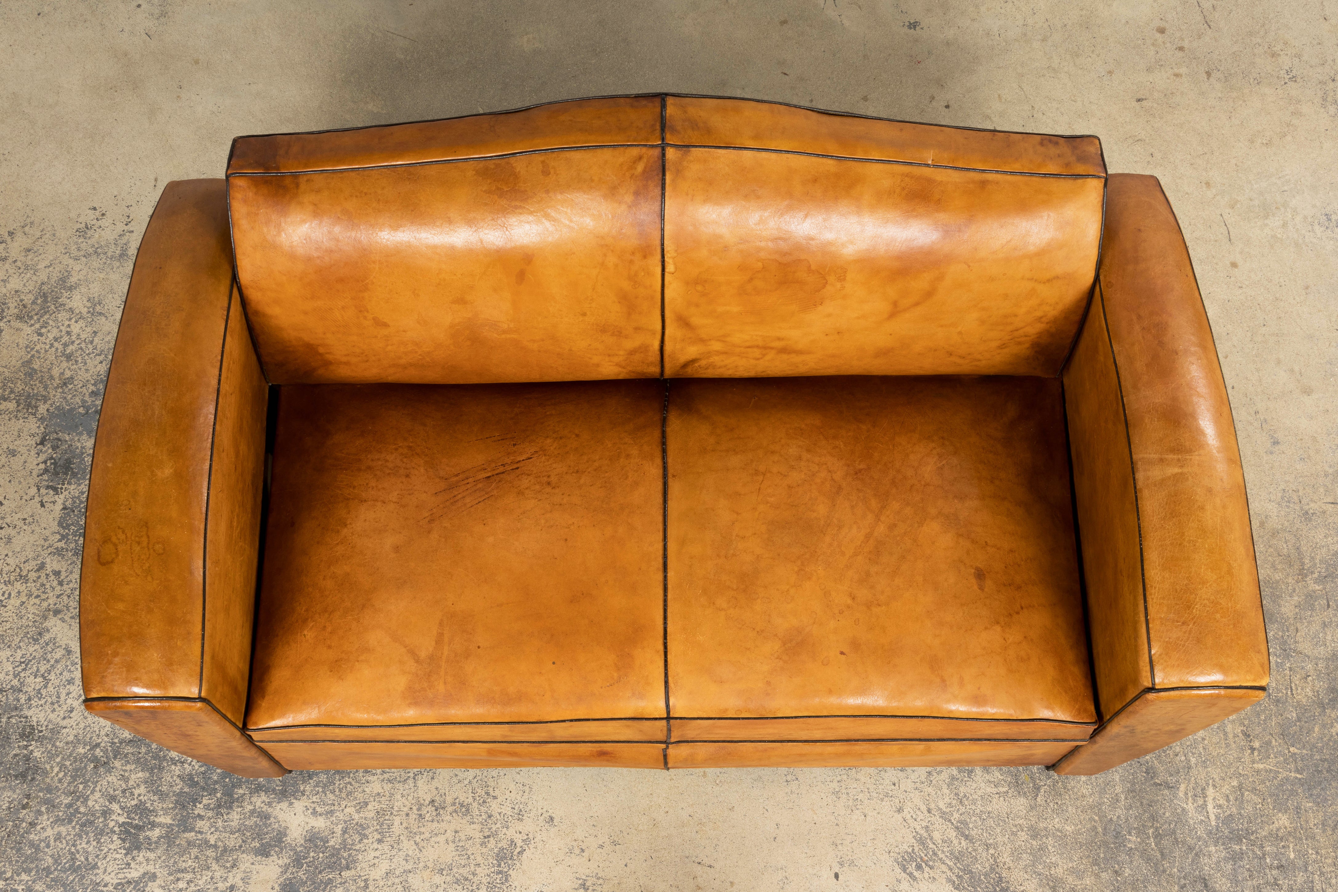 1920s French Art Deco Cognac Leather Club Sofa