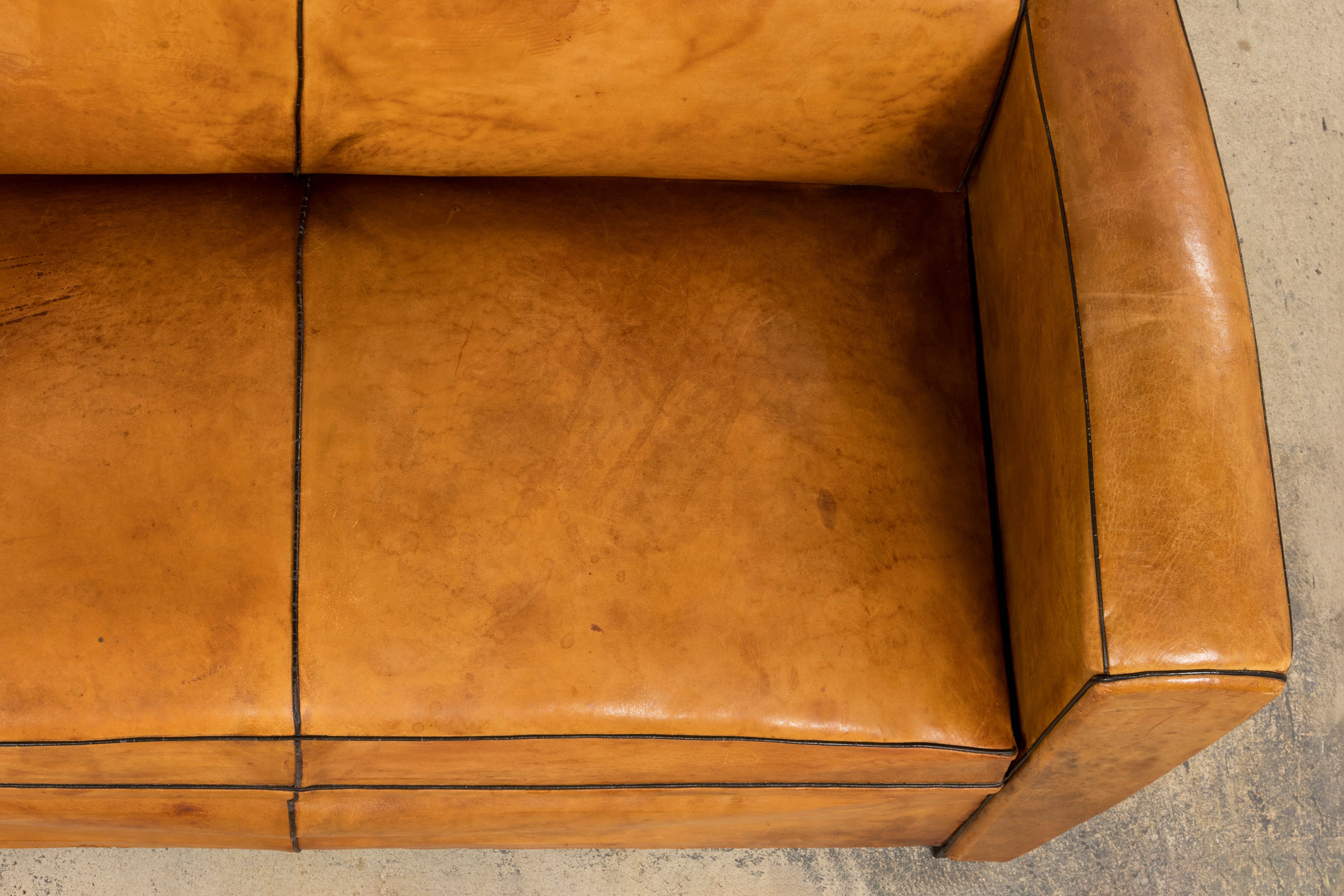 1920s French Art Deco Cognac Leather Club Sofa