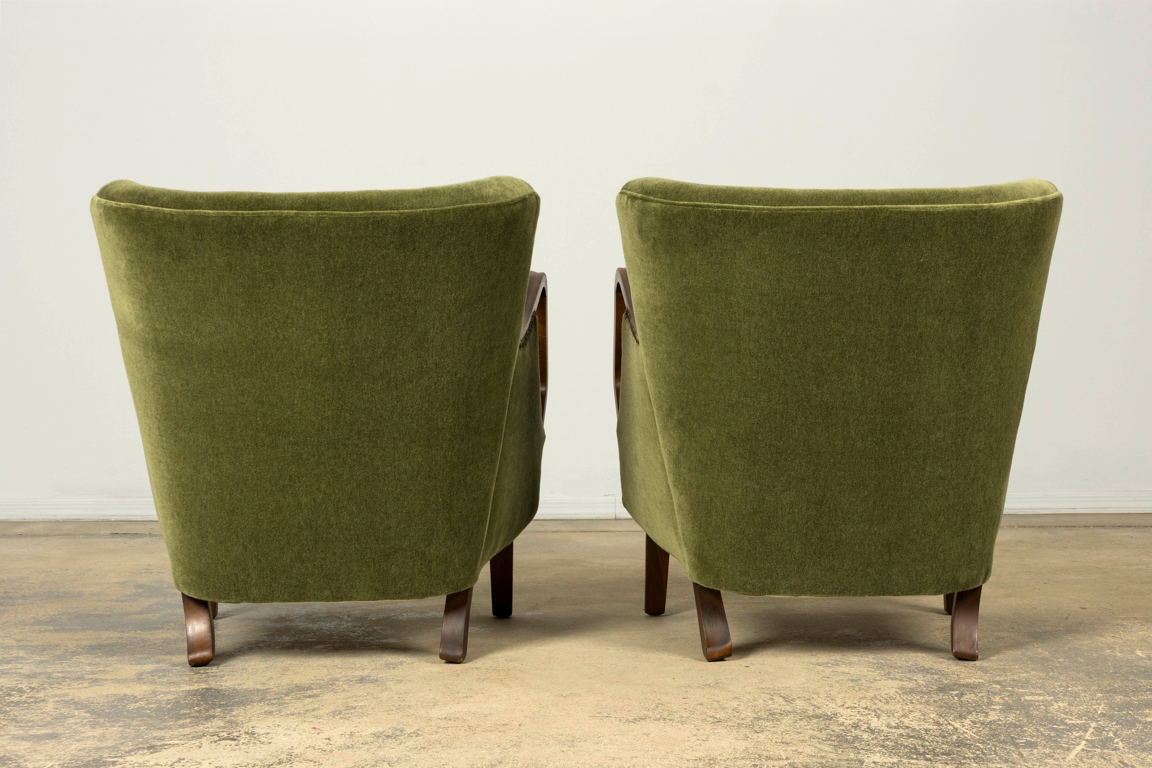 1940s Danish Art Deco Walnut Lounge Chairs by Alfred Christensen in Olive Green Mohair, Pair