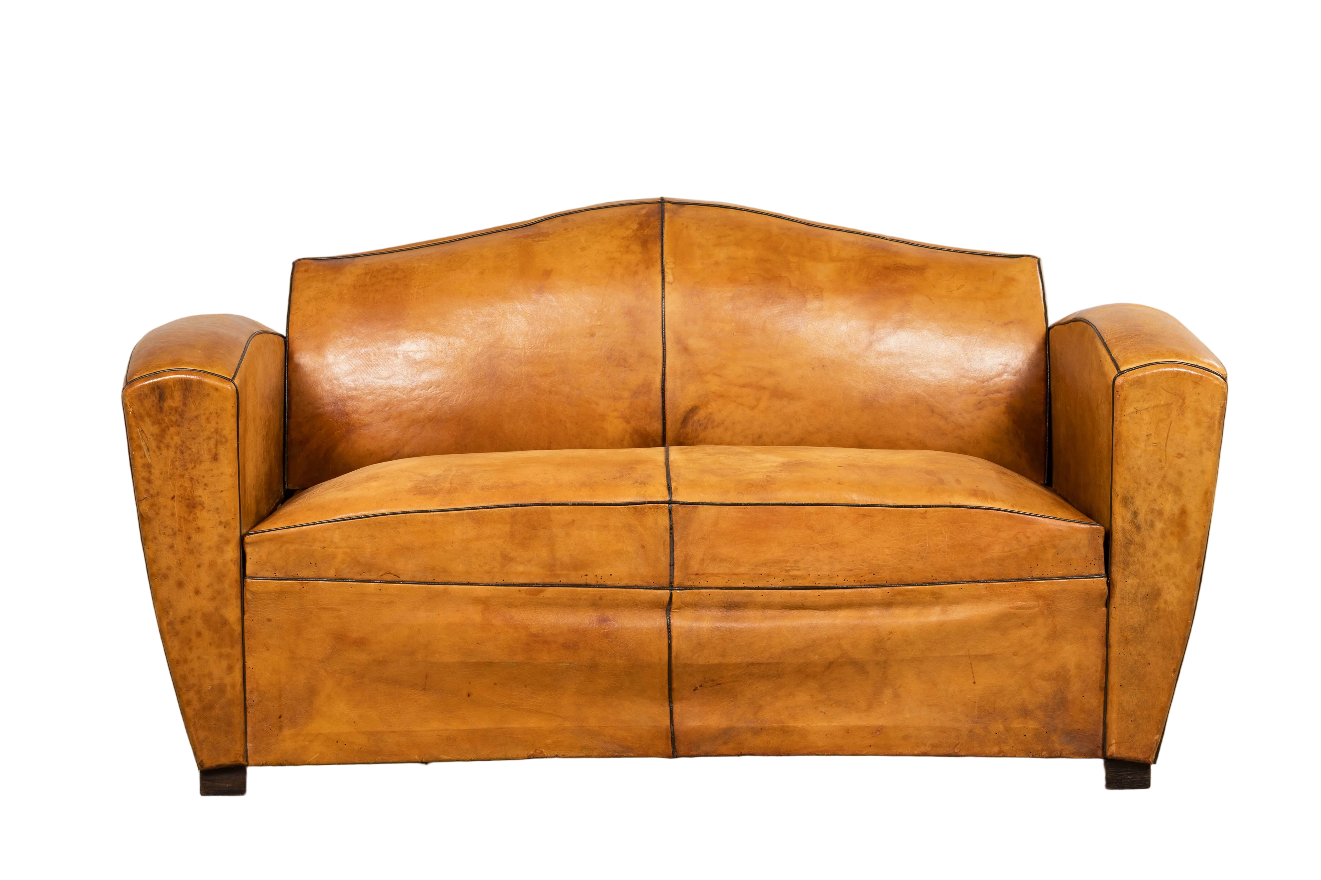 1920s French Art Deco Cognac Leather Club Sofa