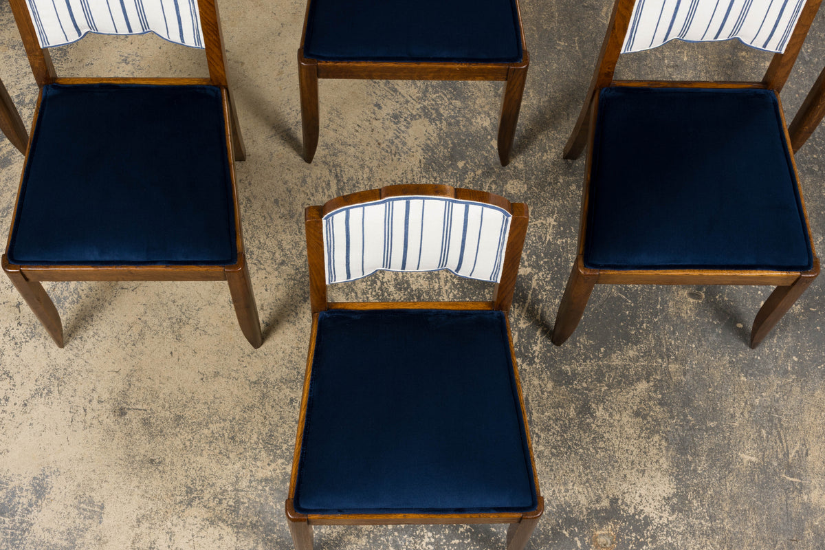 1950s French Art Deco Scalloped Back Oak Dining Chairs in Blue- Set of 6