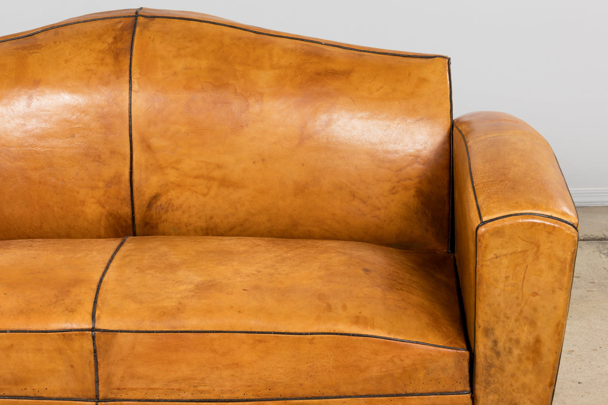 1920s French Art Deco Cognac Leather Club Sofa