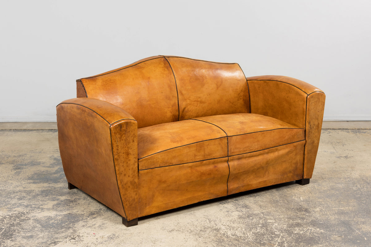 1920s French Art Deco Cognac Leather Club Sofa