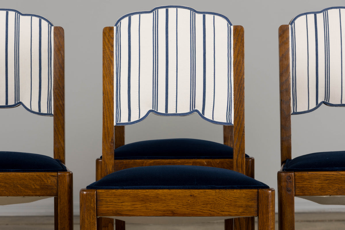 1950s French Art Deco Scalloped Back Oak Dining Chairs in Blue- Set of 6
