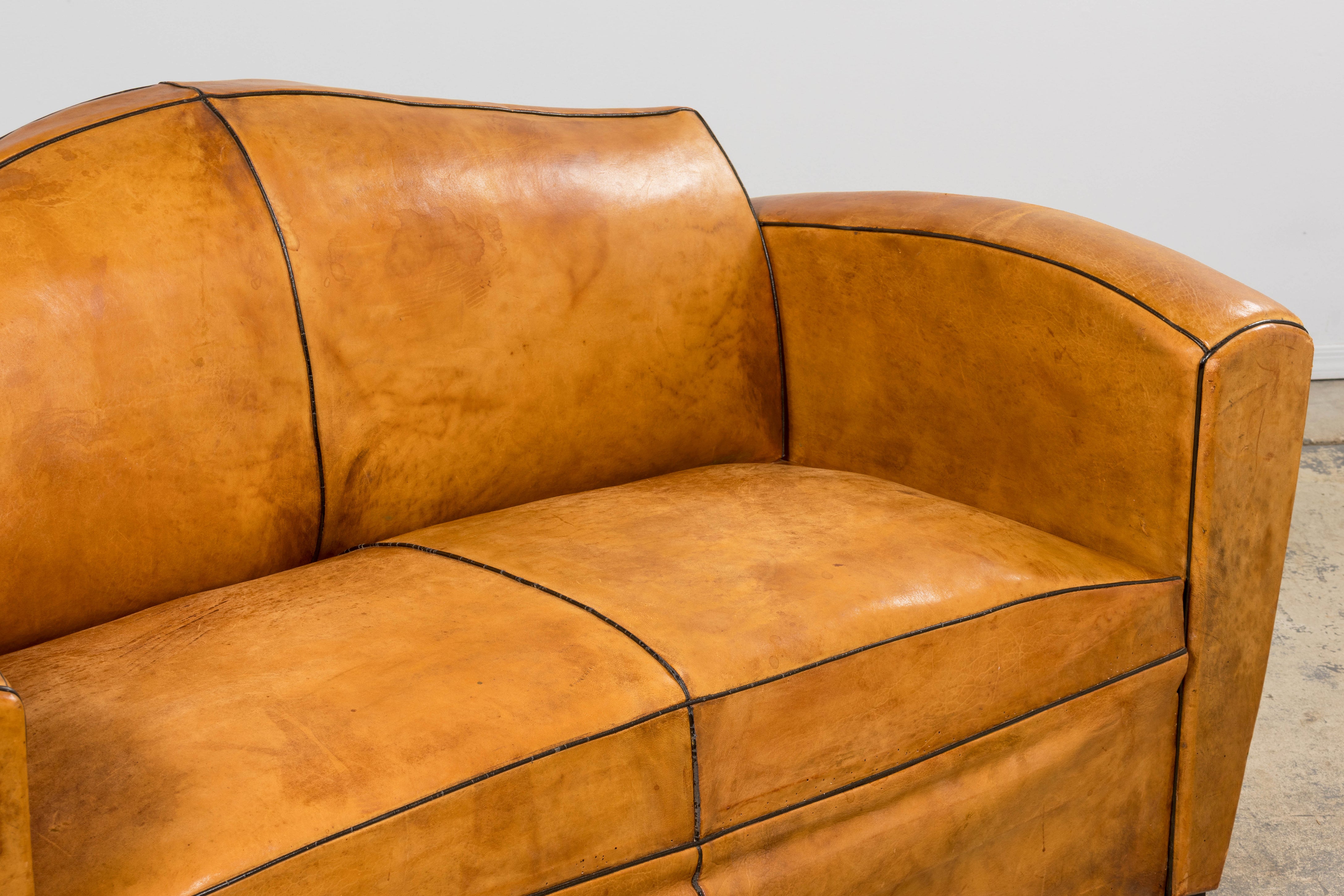 1920s French Art Deco Cognac Leather Club Sofa