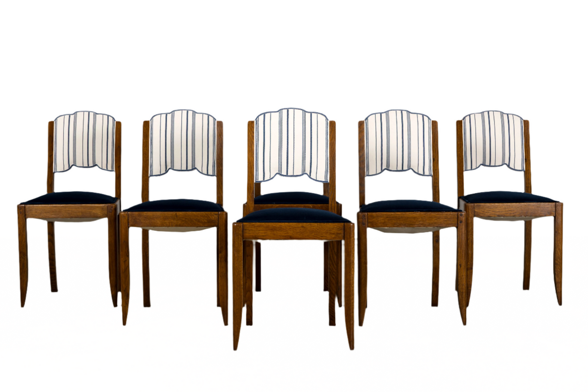 1950s French Art Deco Scalloped Back Oak Dining Chairs in Blue- Set of 6