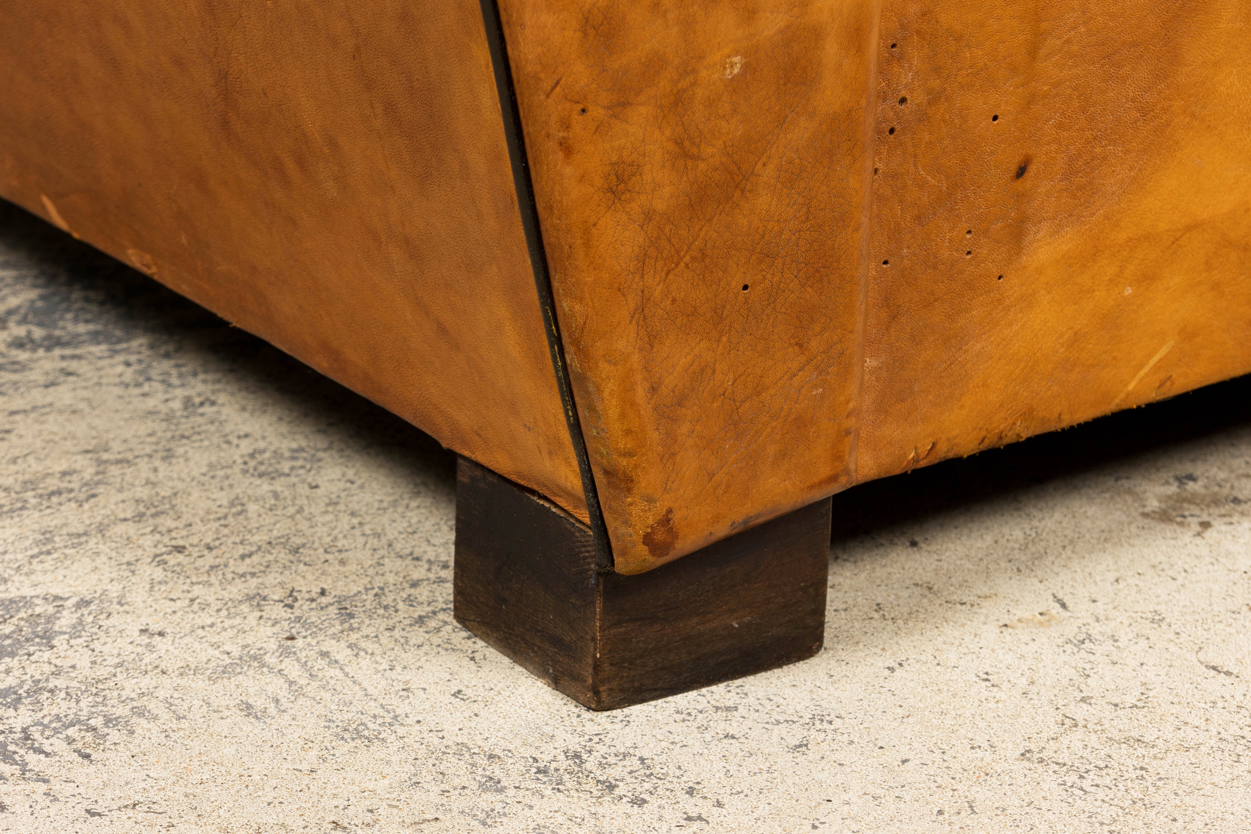 1920s French Art Deco Cognac Leather Club Sofa