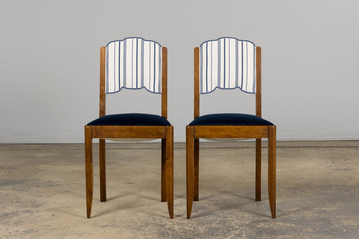 1950s French Art Deco Scalloped Back Oak Dining Chairs in Blue- Set of 6