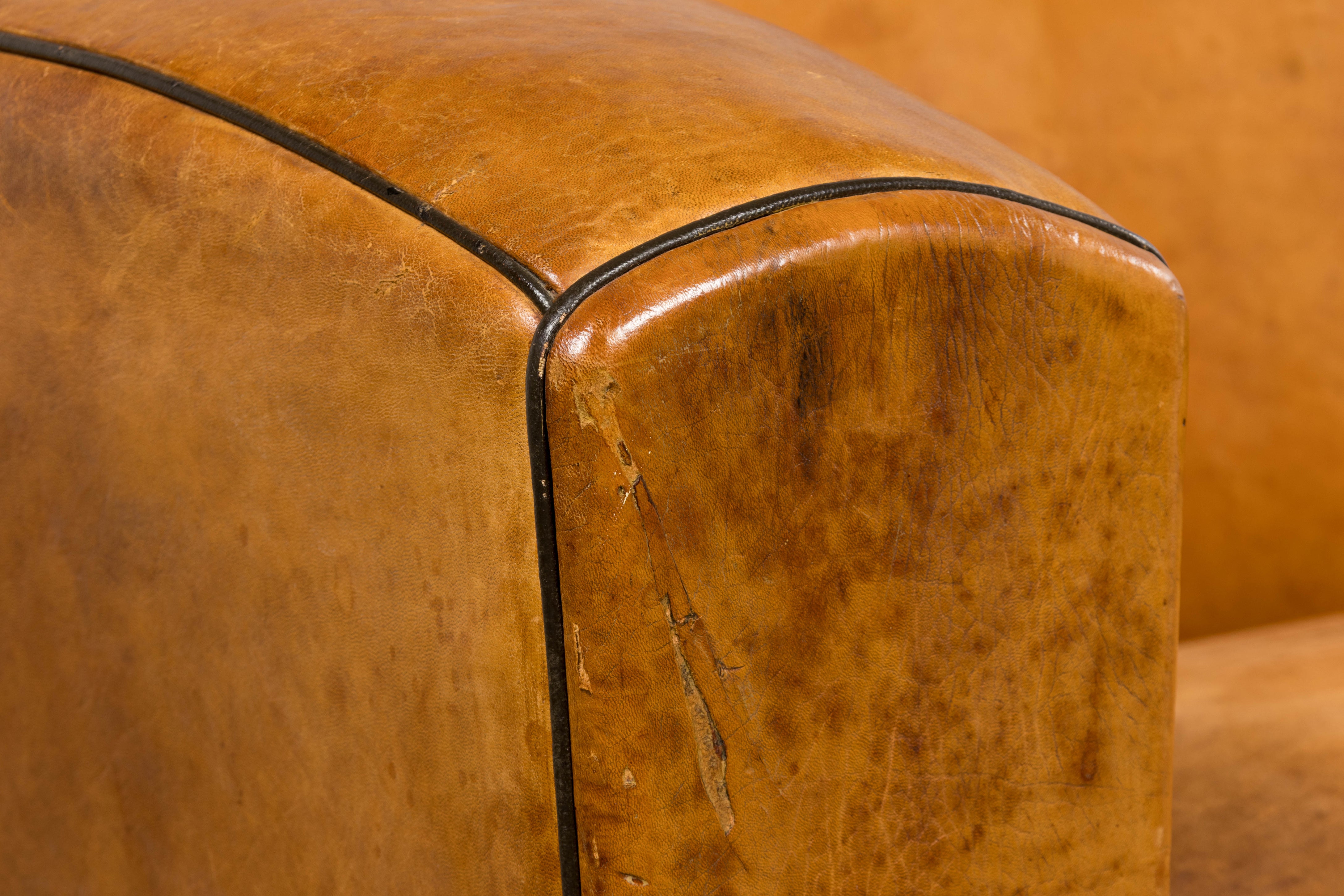 1920s French Art Deco Cognac Leather Club Sofa