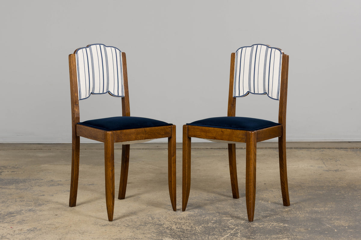 1950s French Art Deco Scalloped Back Oak Dining Chairs in Blue- Set of 6
