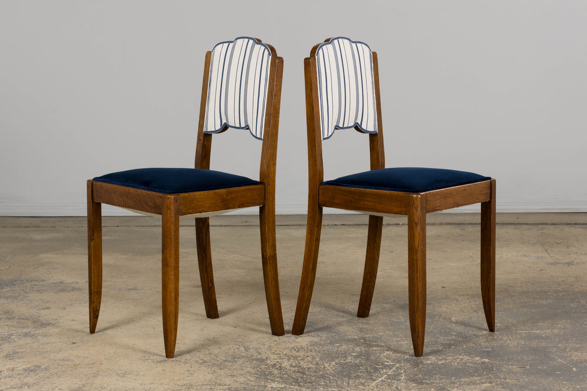 1950s French Art Deco Scalloped Back Oak Dining Chairs in Blue- Set of 6