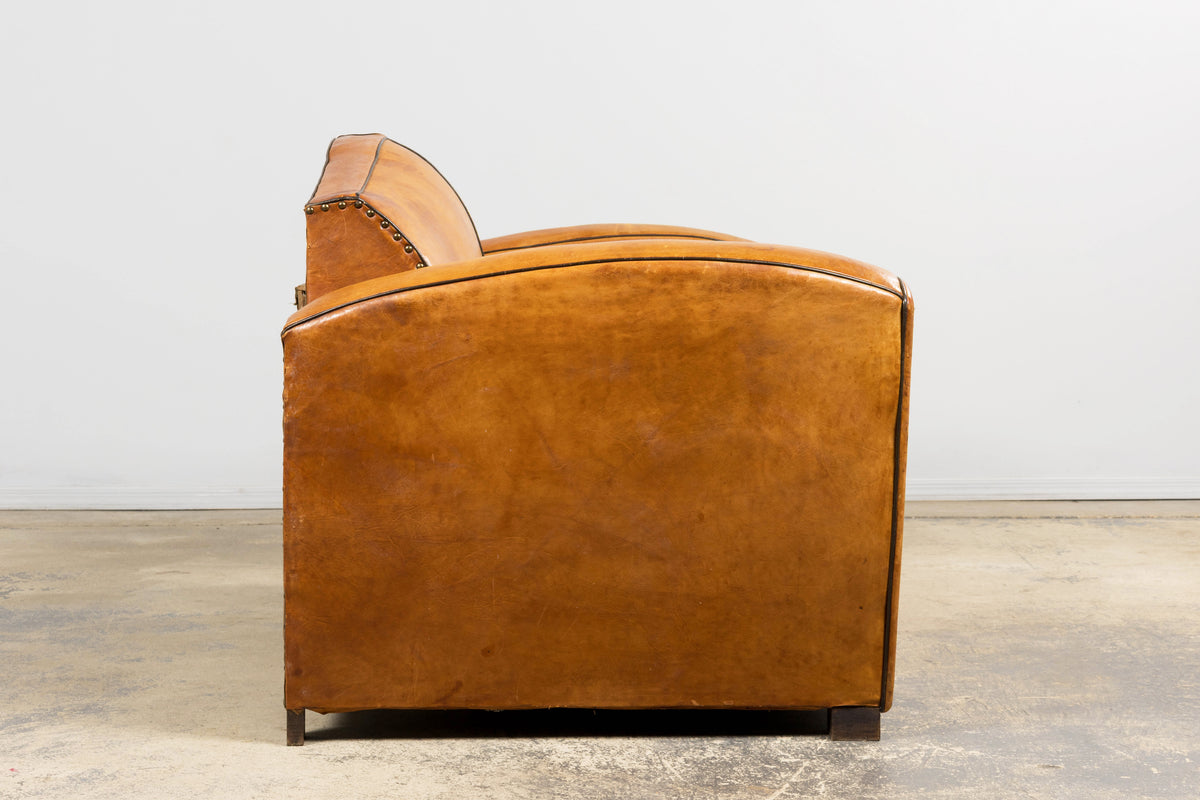 1920s French Art Deco Cognac Leather Club Sofa
