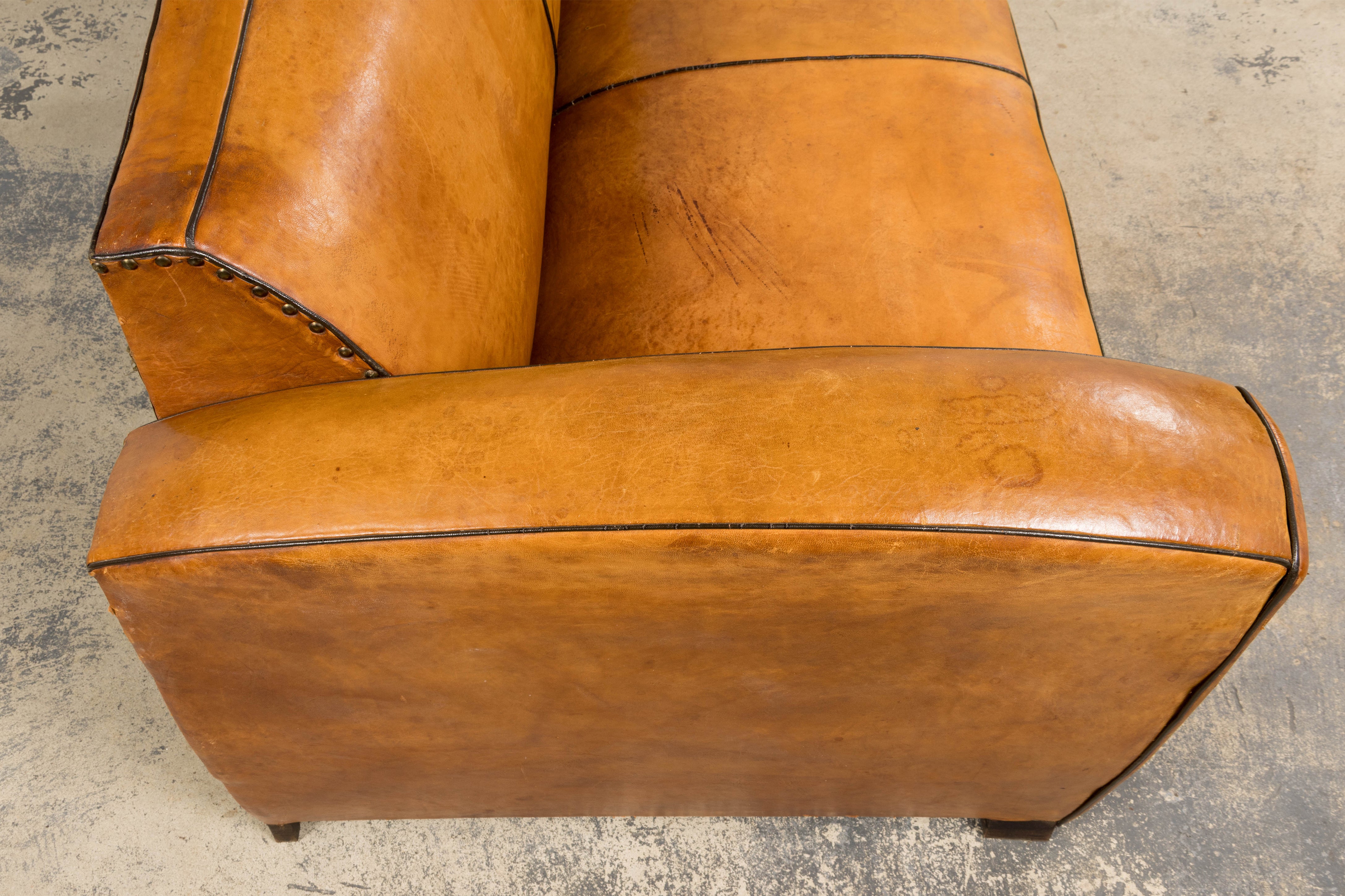 1920s French Art Deco Cognac Leather Club Sofa
