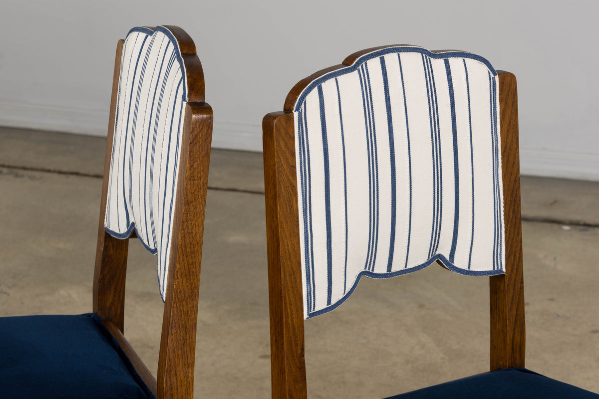 1950s French Art Deco Scalloped Back Oak Dining Chairs in Blue- Set of 6