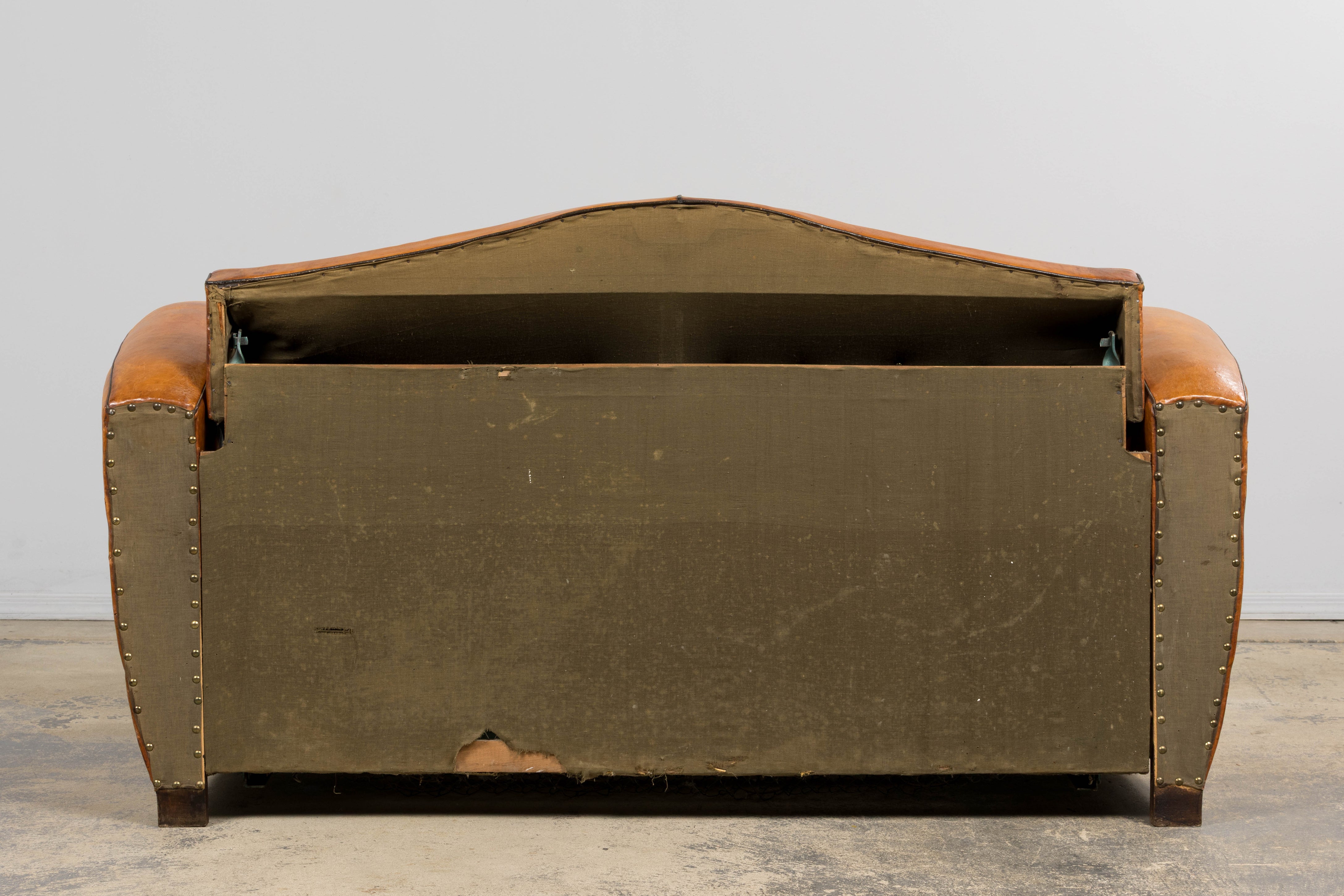 1920s French Art Deco Cognac Leather Club Sofa