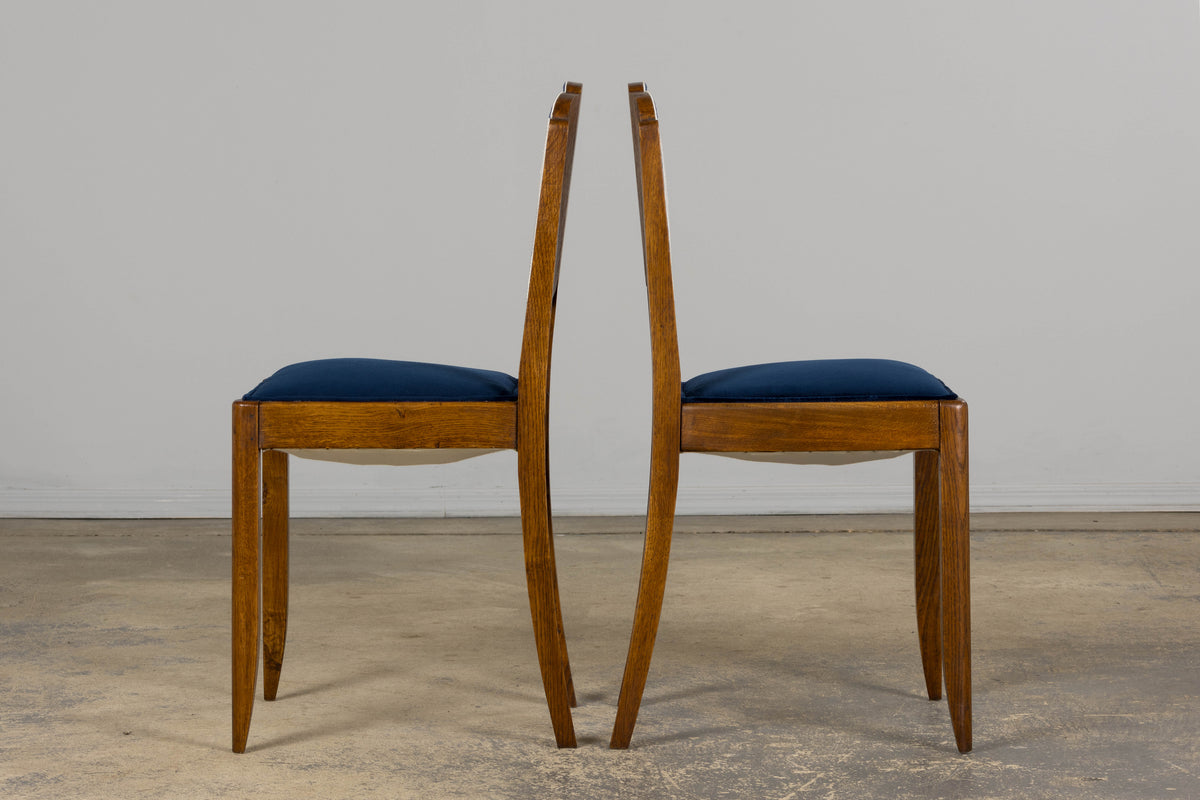 1950s French Art Deco Scalloped Back Oak Dining Chairs in Blue- Set of 6
