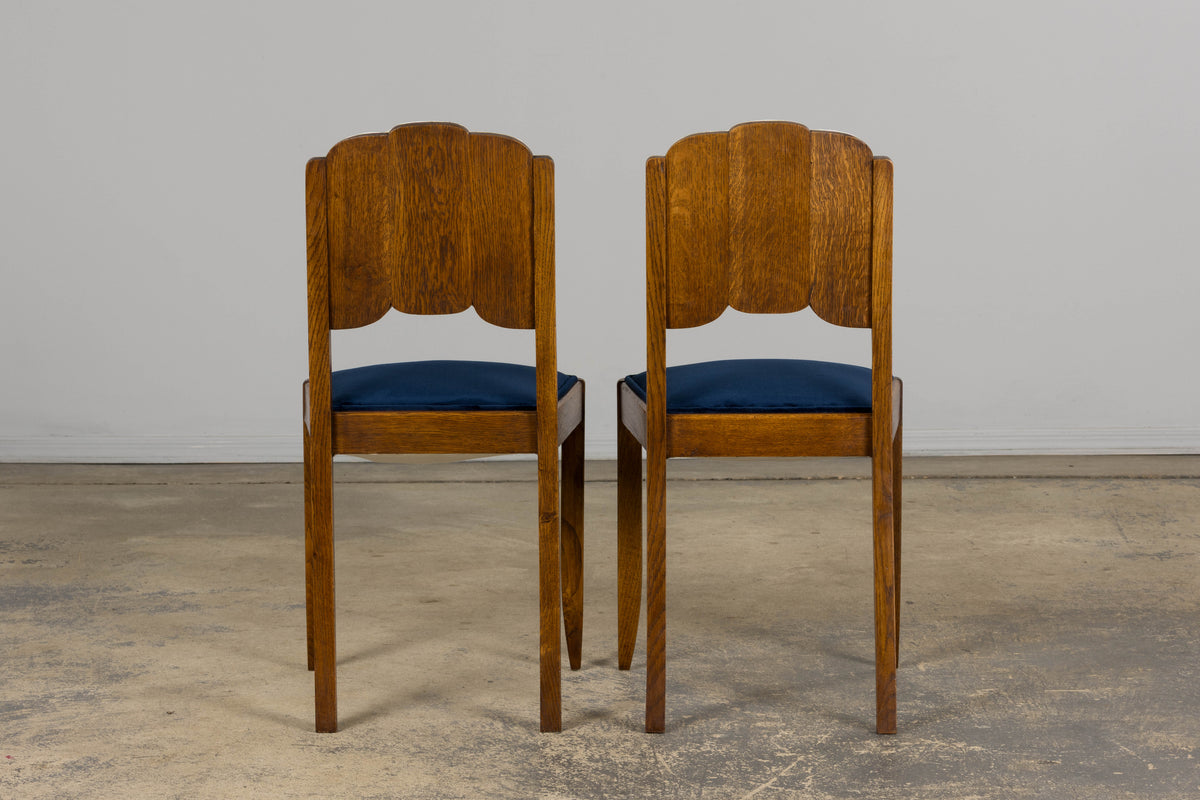 1950s French Art Deco Scalloped Back Oak Dining Chairs in Blue- Set of 6