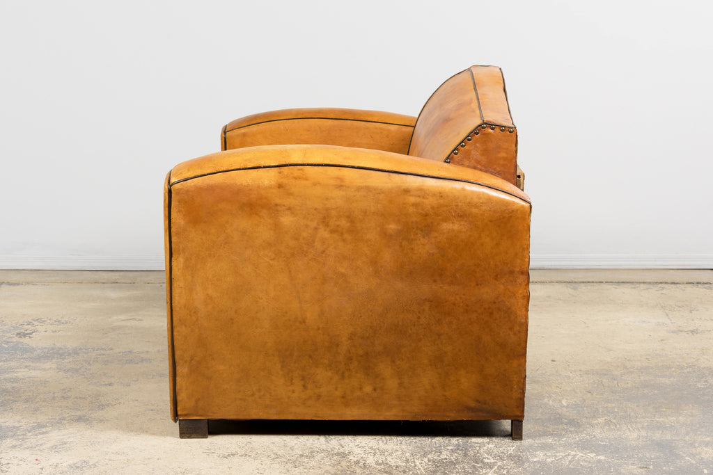 1920s French Art Deco Cognac Leather Club Sofa