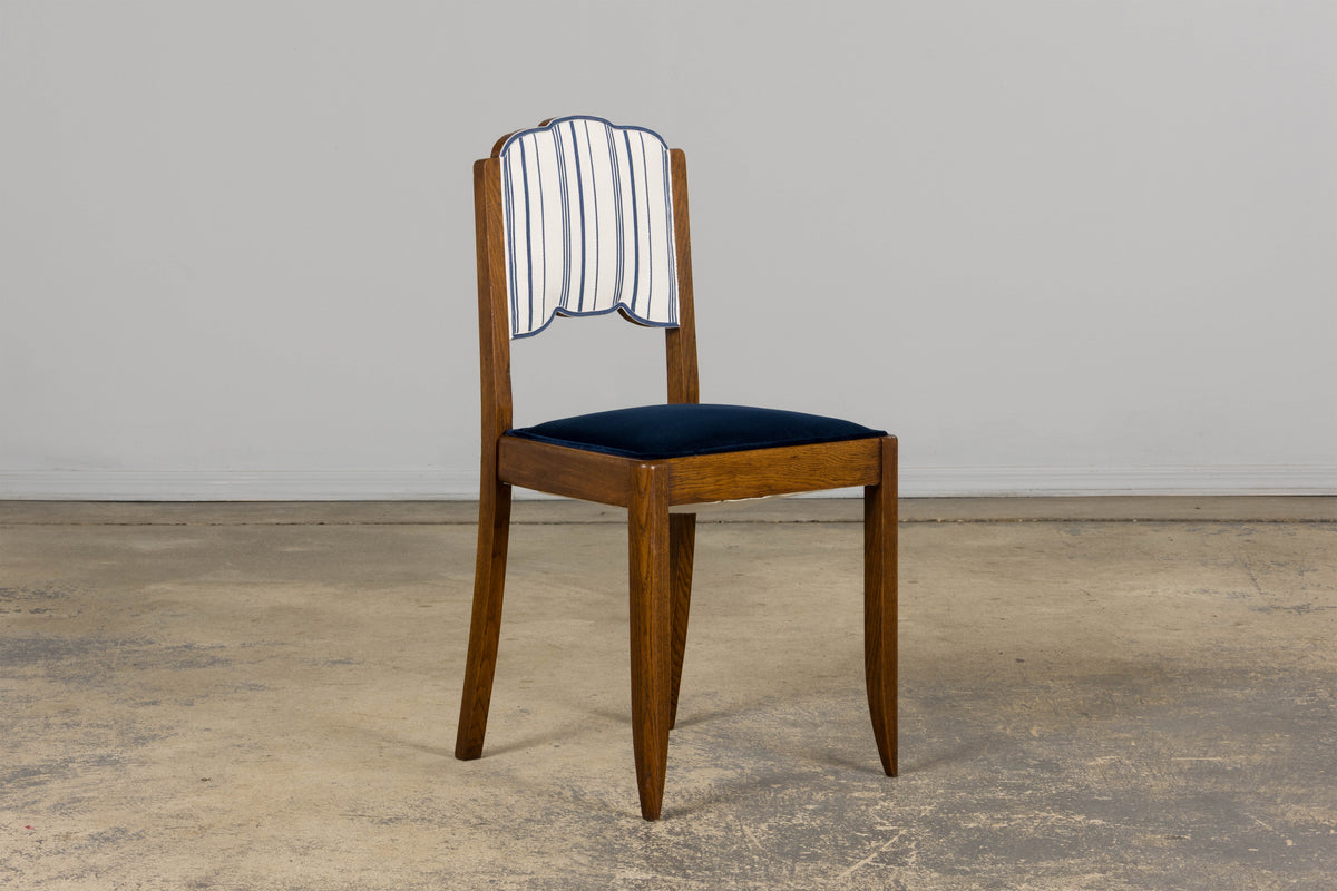 1950s French Art Deco Scalloped Back Oak Dining Chairs in Blue- Set of 6