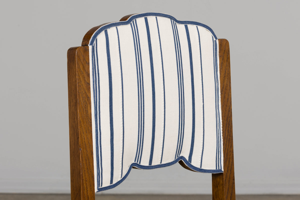 1950s French Art Deco Scalloped Back Oak Dining Chairs in Blue- Set of 6