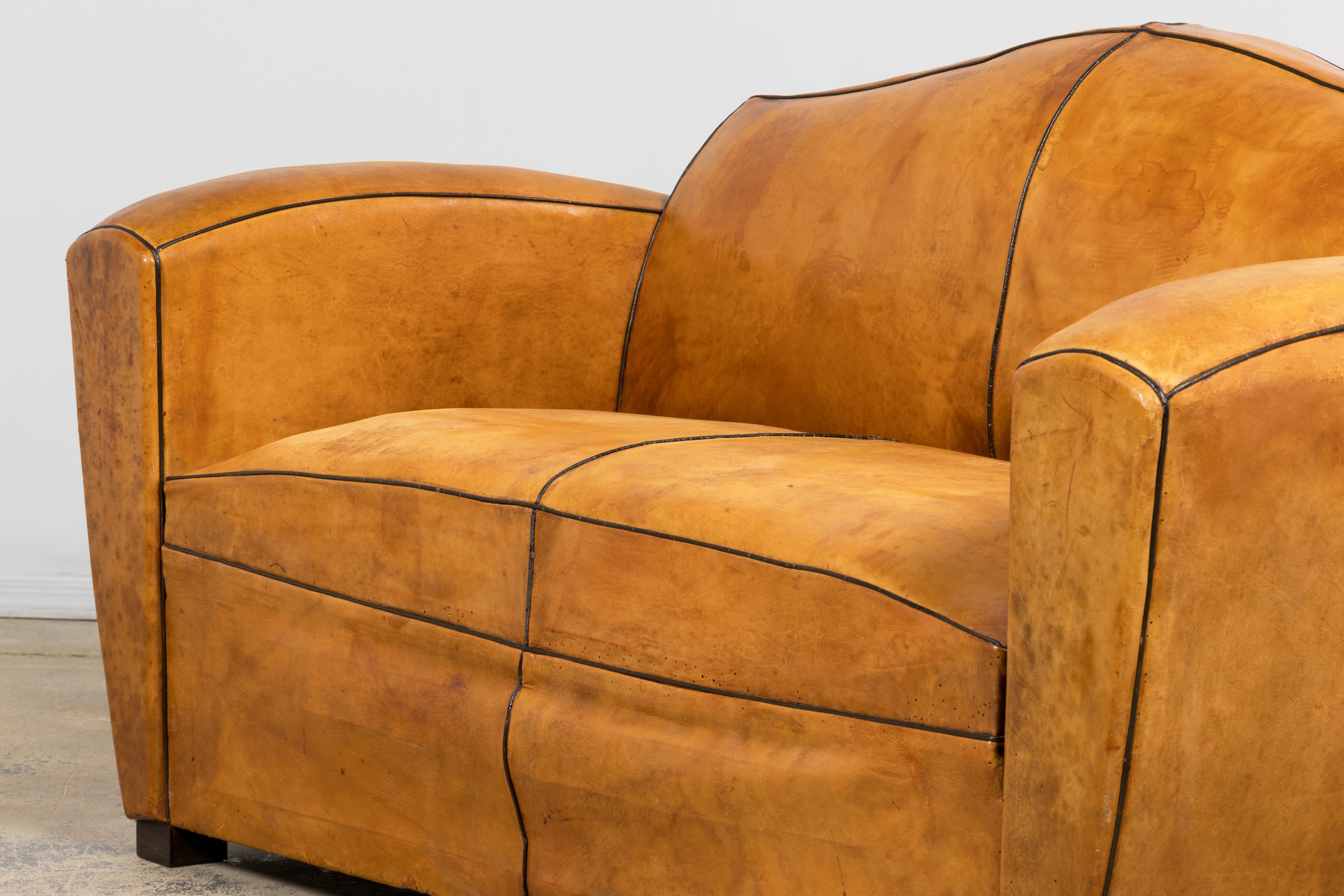 1920s French Art Deco Cognac Leather Club Sofa