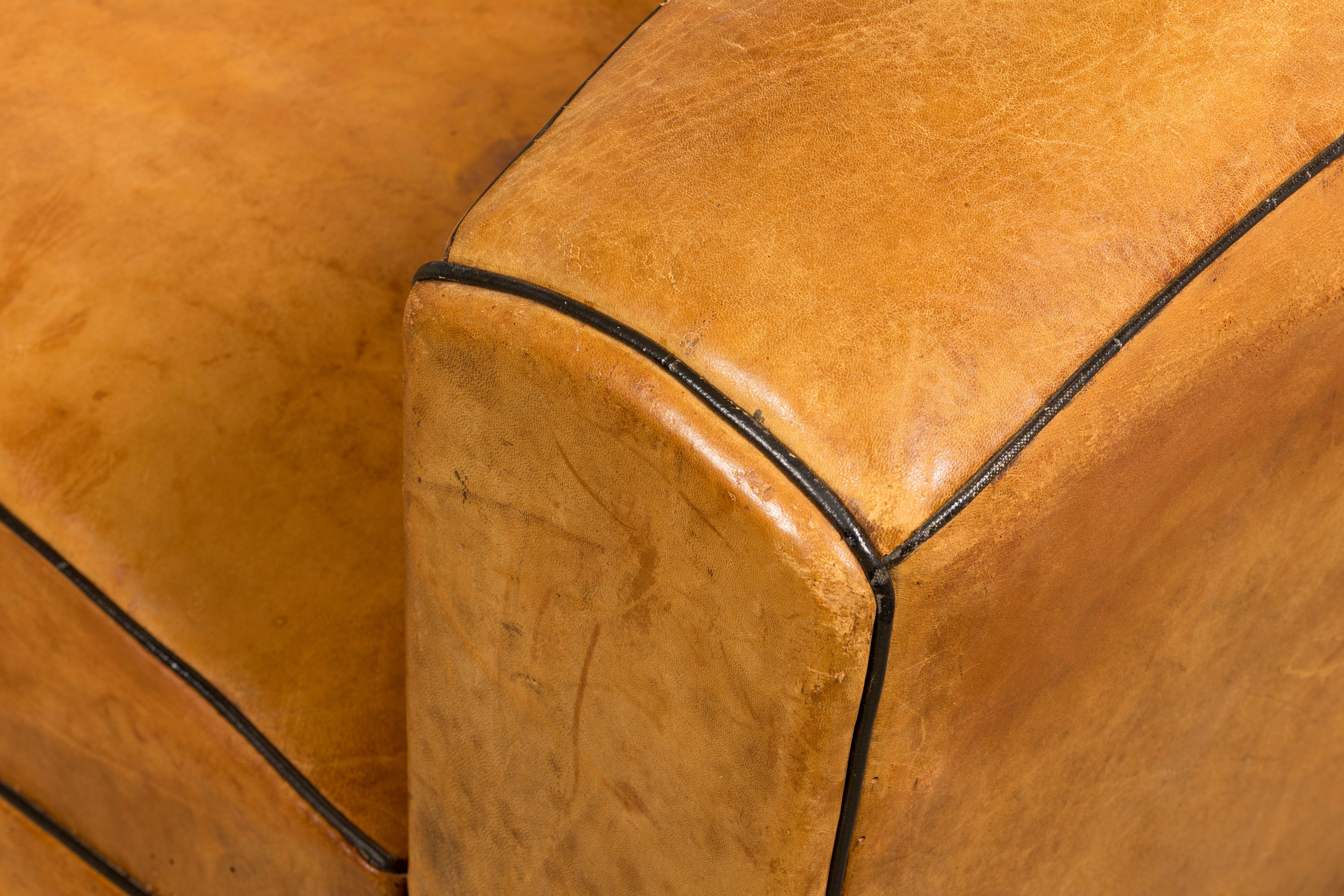 1920s French Art Deco Cognac Leather Club Sofa