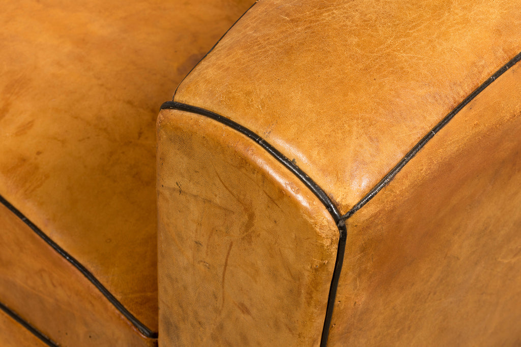 1920s French Art Deco Cognac Leather Club Sofa