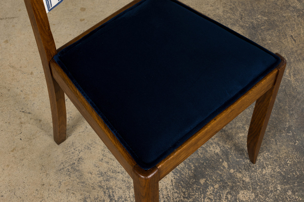 1950s French Art Deco Scalloped Back Oak Dining Chairs in Blue- Set of 6
