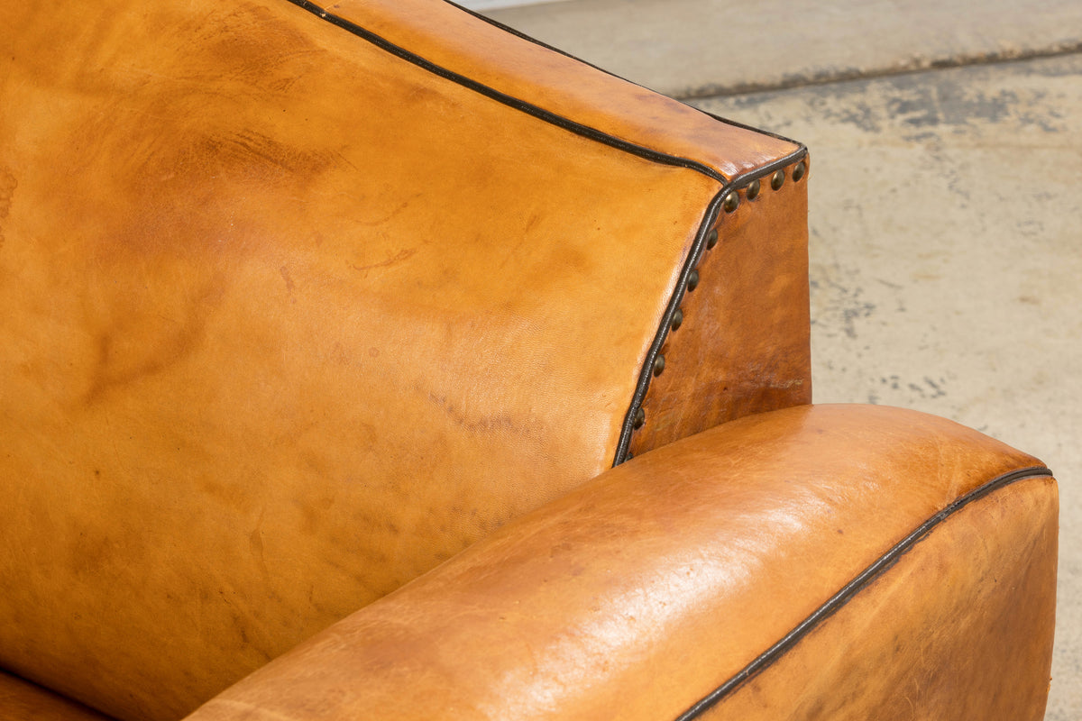 1920s French Art Deco Cognac Leather Club Sofa