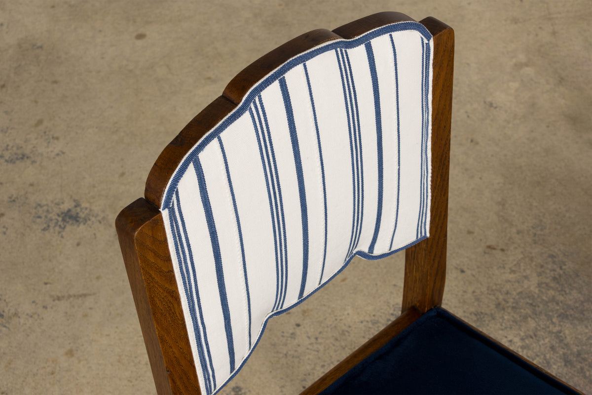 1950s French Art Deco Scalloped Back Oak Dining Chairs in Blue- Set of 6