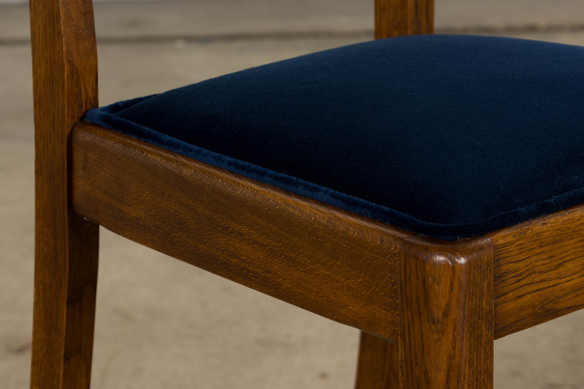 1950s French Art Deco Scalloped Back Oak Dining Chairs in Blue- Set of 6