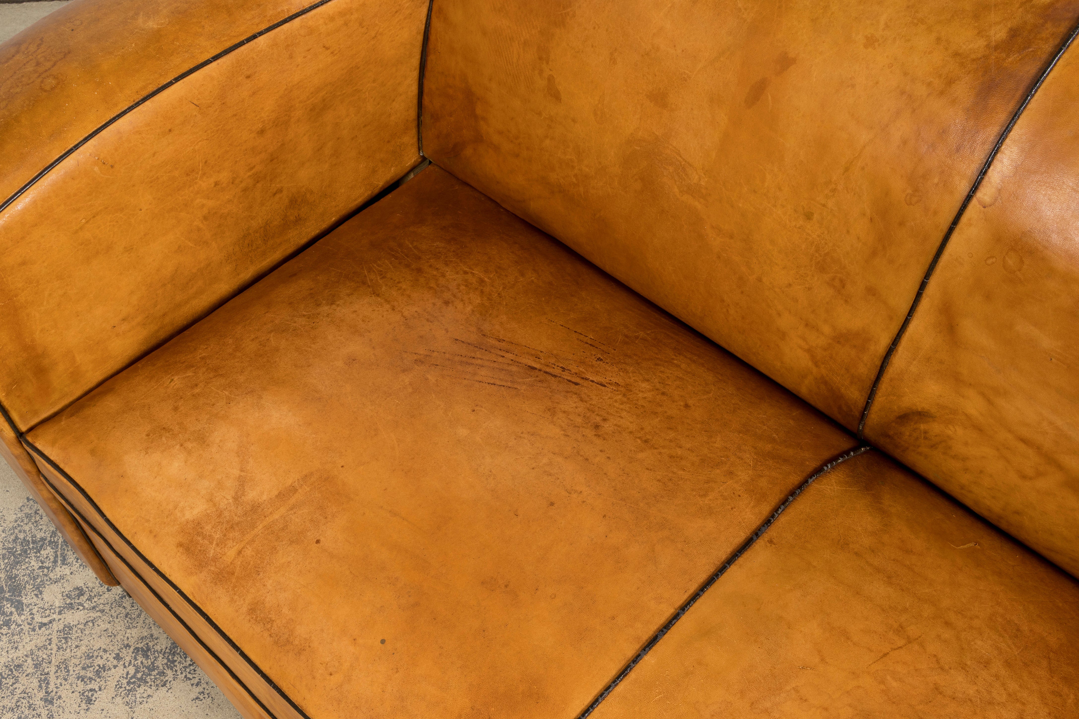 1920s French Art Deco Cognac Leather Club Sofa