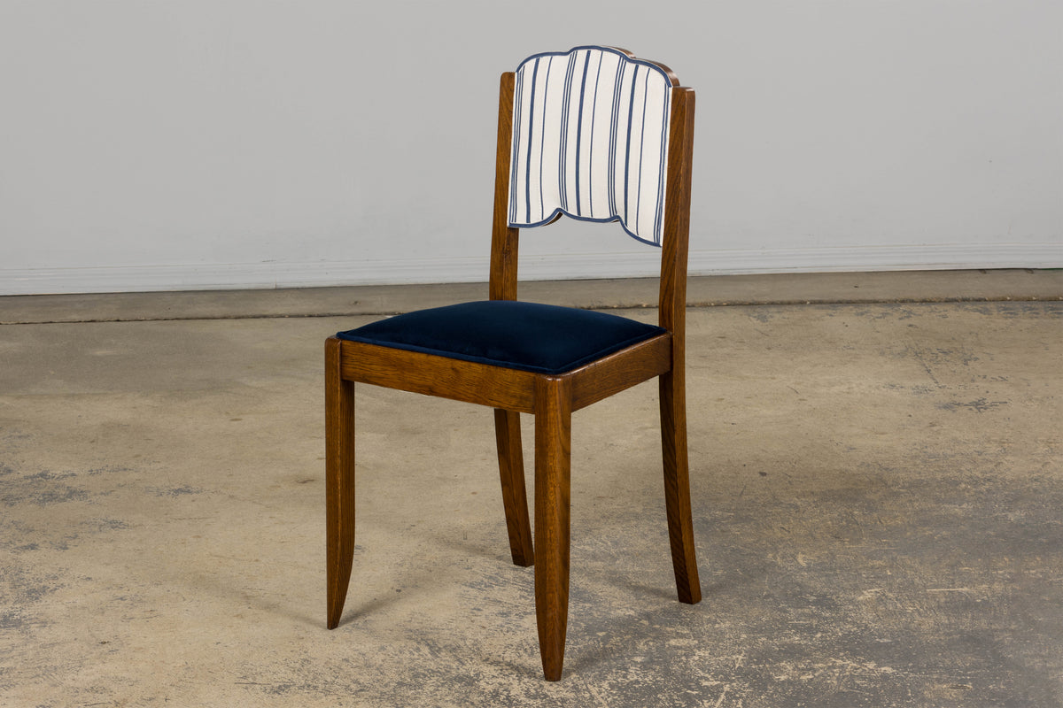 1950s French Art Deco Scalloped Back Oak Dining Chairs in Blue- Set of 6