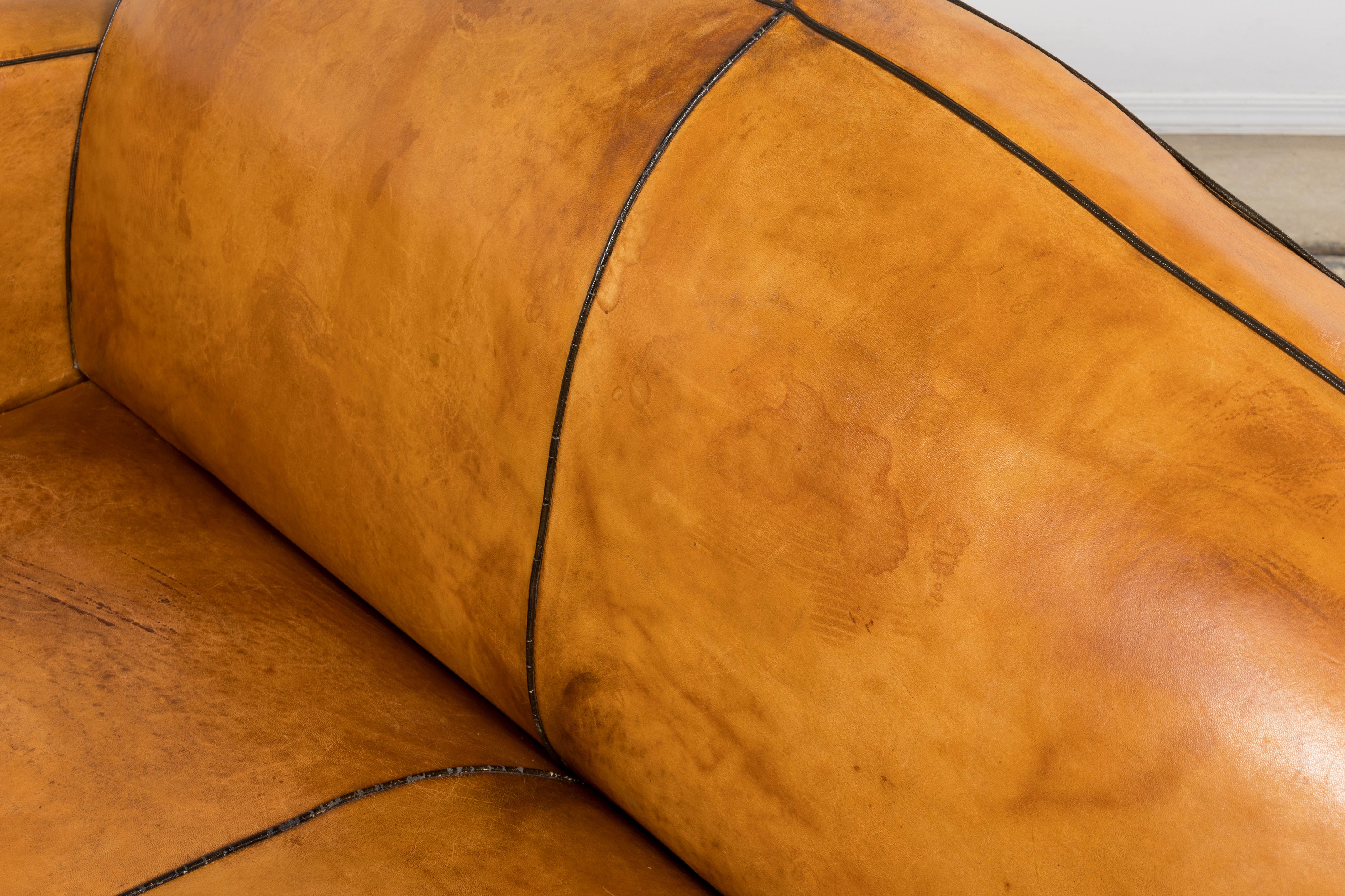 1920s French Art Deco Cognac Leather Club Sofa