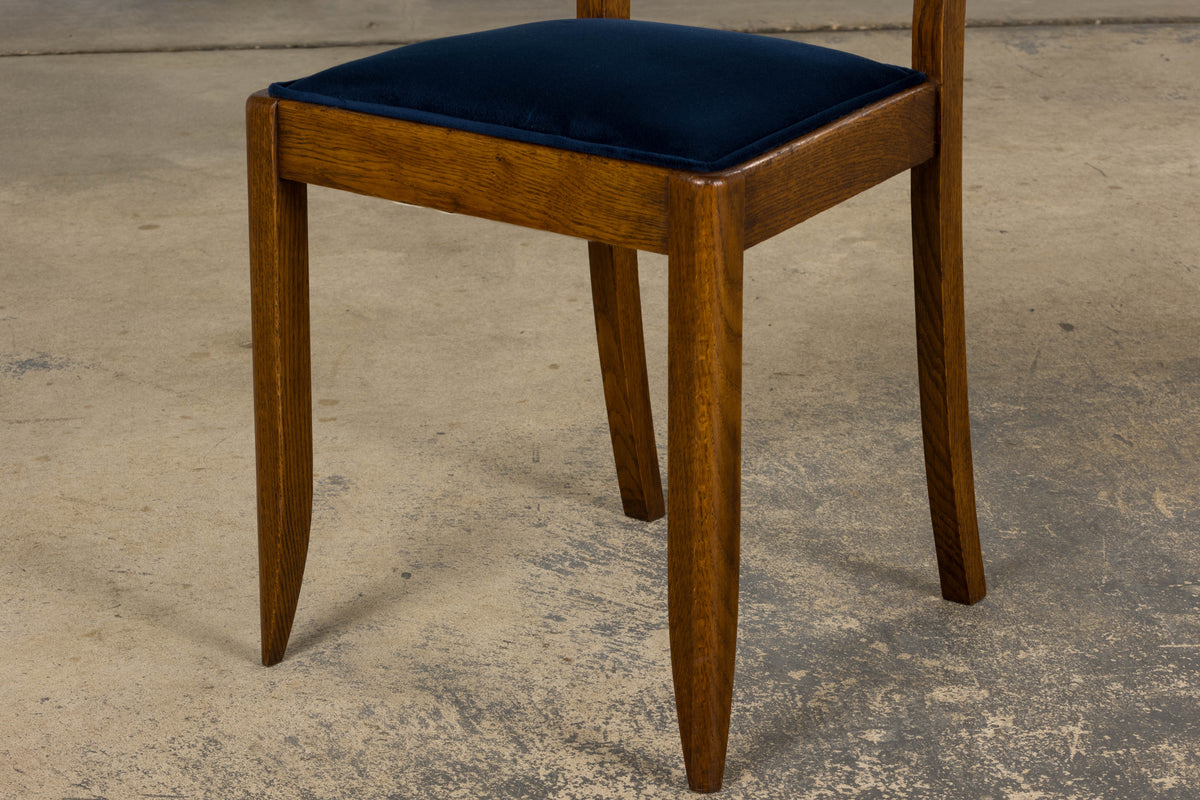 1950s French Art Deco Scalloped Back Oak Dining Chairs in Blue- Set of 6
