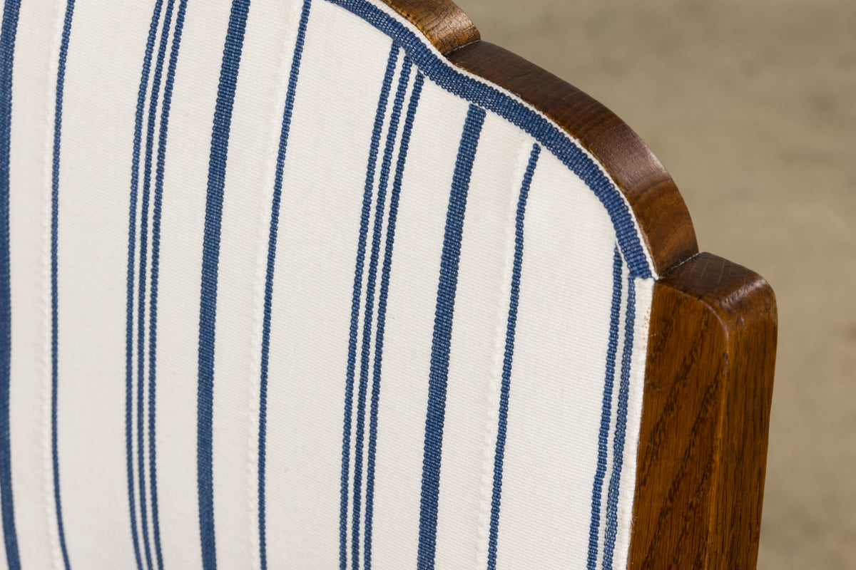 1950s French Art Deco Scalloped Back Oak Dining Chairs in Blue- Set of 6