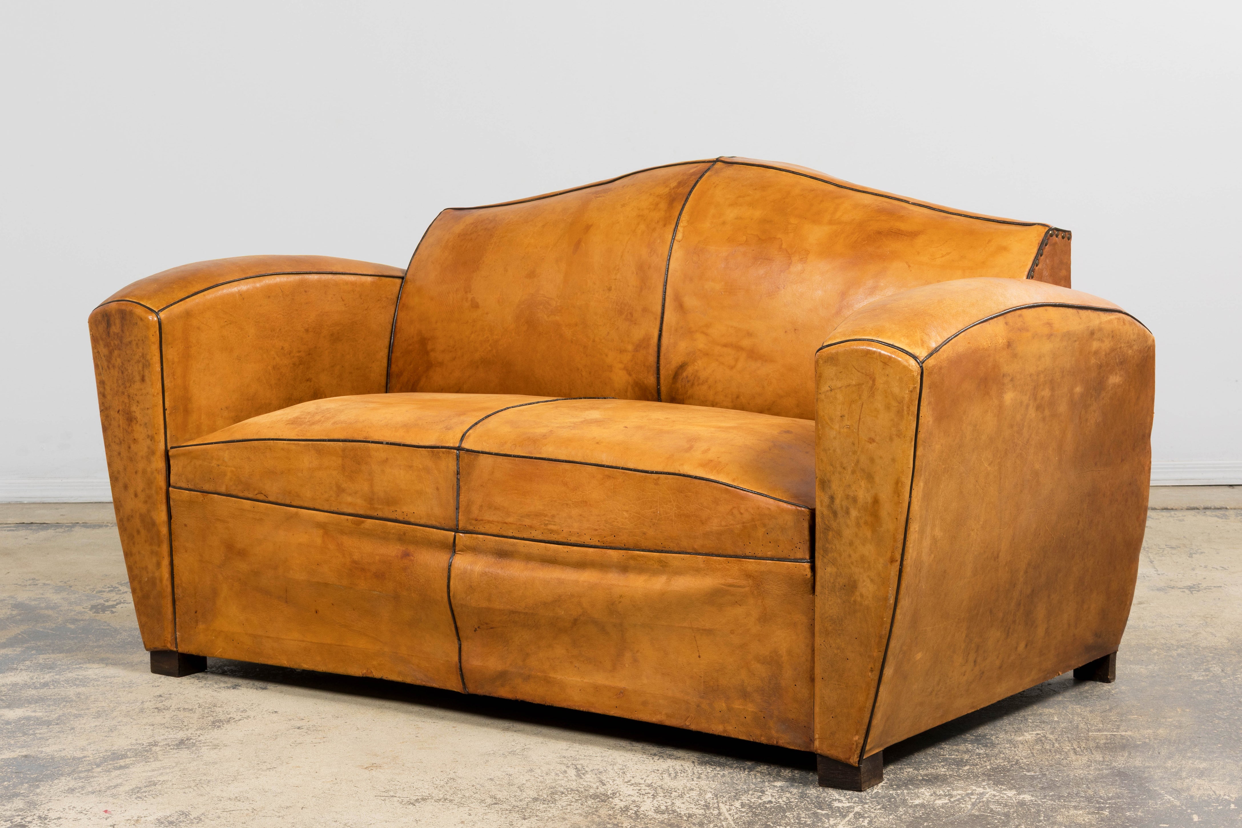 1920s French Art Deco Cognac Leather Club Sofa