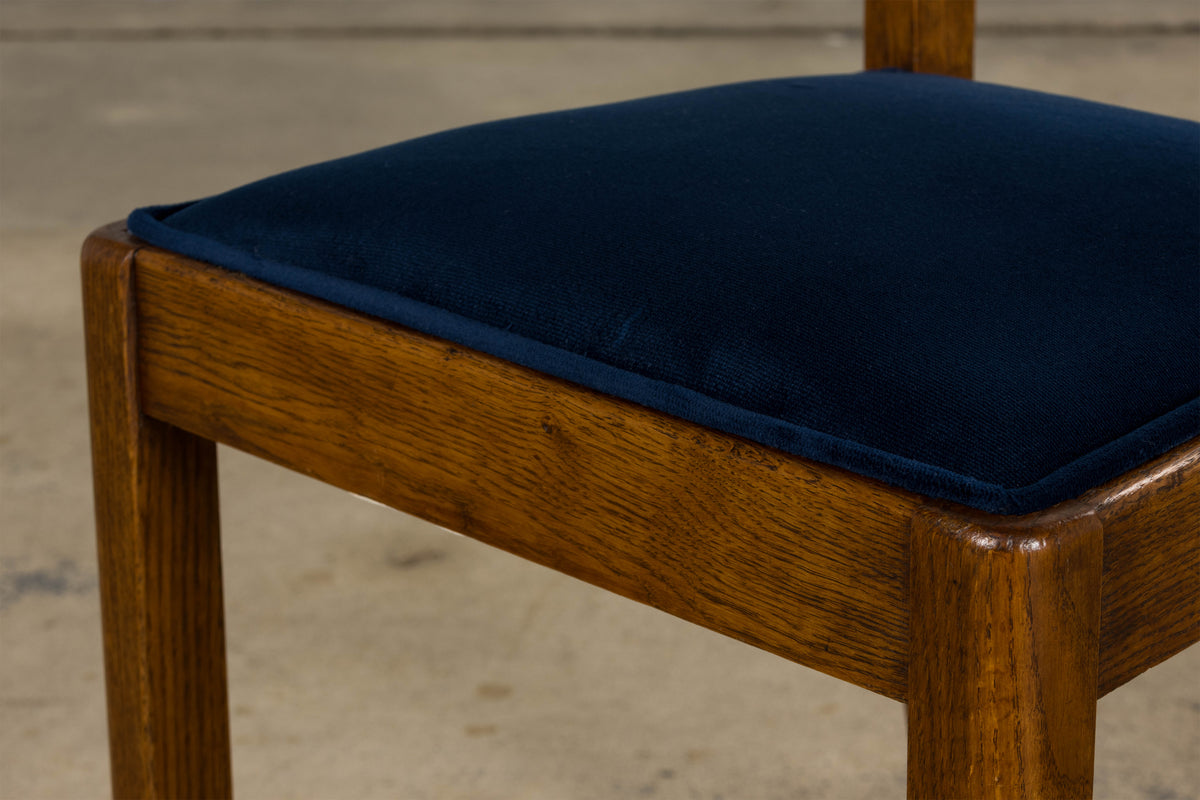 1950s French Art Deco Scalloped Back Oak Dining Chairs in Blue- Set of 6