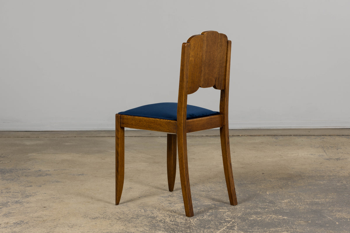 1950s French Art Deco Scalloped Back Oak Dining Chairs in Blue- Set of 6