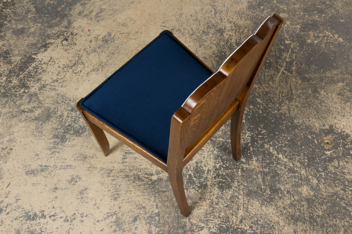 1950s French Art Deco Scalloped Back Oak Dining Chairs in Blue- Set of 6