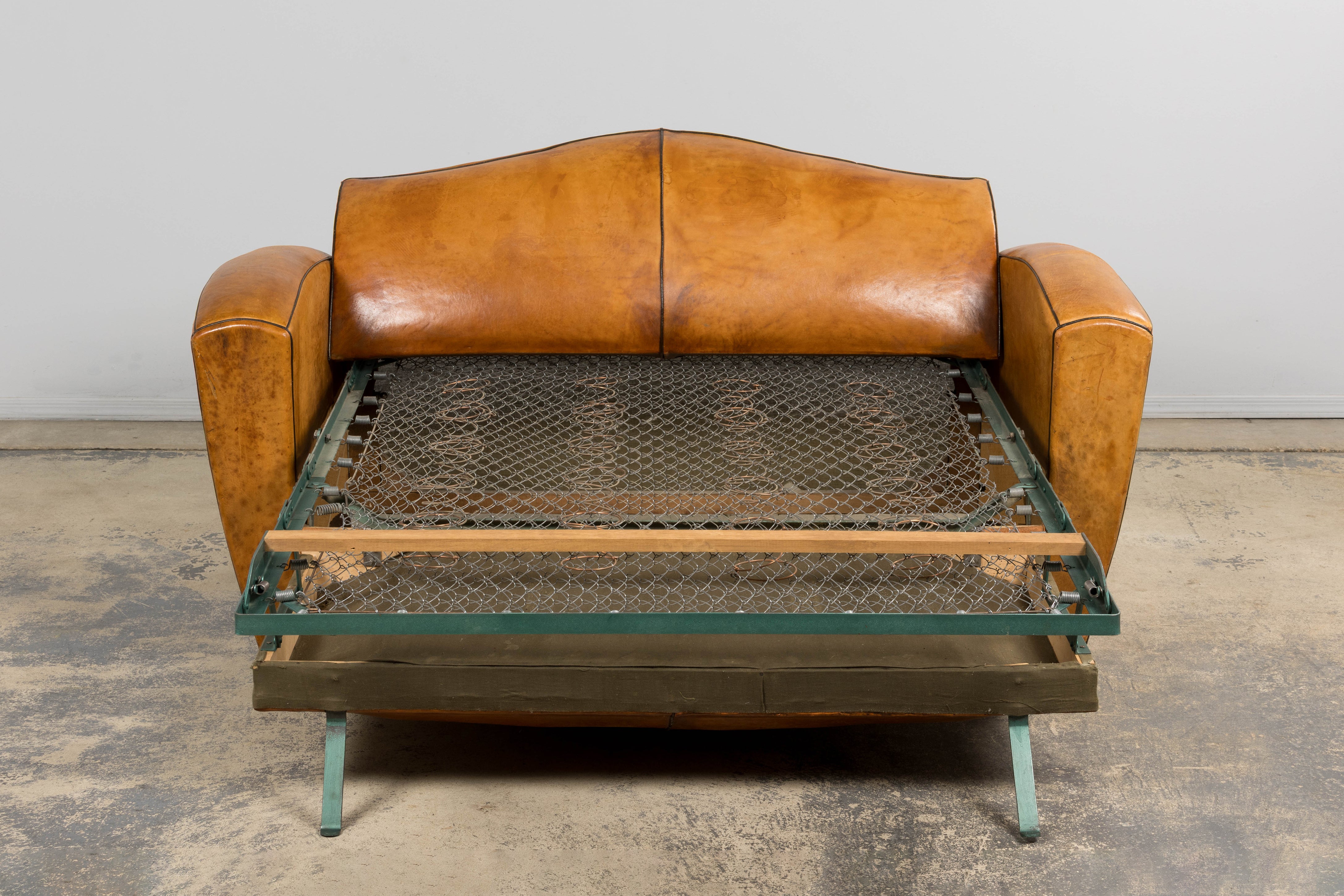 1920s French Art Deco Cognac Leather Club Sofa
