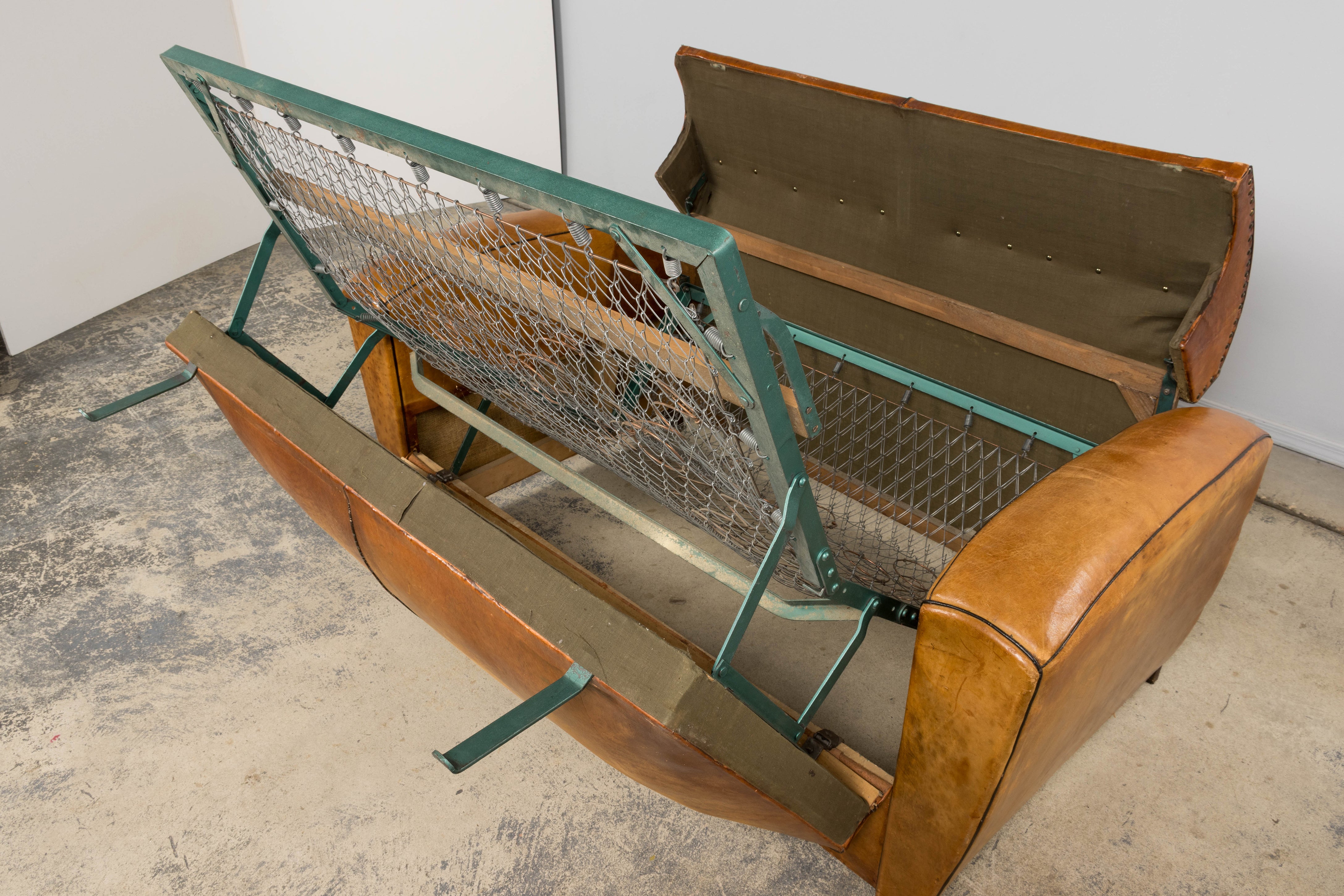 1920s French Art Deco Cognac Leather Club Sofa