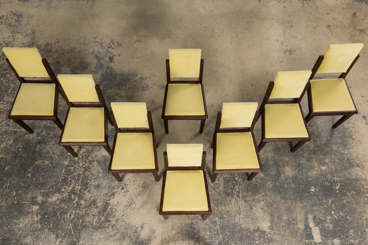 1930s French Art Deco Oak Dining Chairs in Light Yellow Velvet – Set of 8